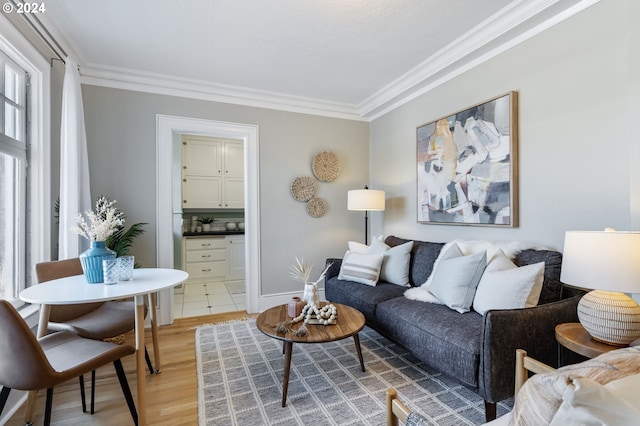 living room with ornamental molding and hardwood / wood-style floors