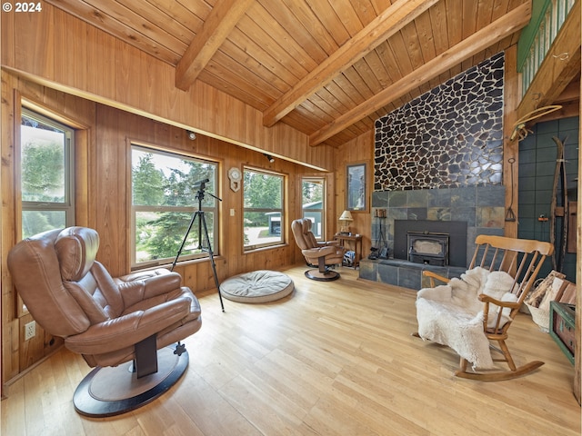 living room featuring hardwood / wood-style flooring, vaulted ceiling with beams, wooden ceiling, and wooden walls