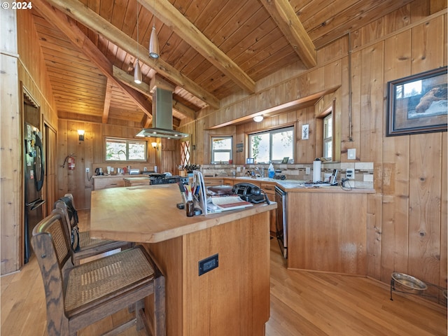 kitchen featuring wood walls, beamed ceiling, island range hood, kitchen peninsula, and wood ceiling