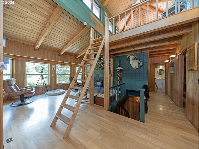 interior space with hardwood / wood-style flooring, wooden ceiling, and wooden walls