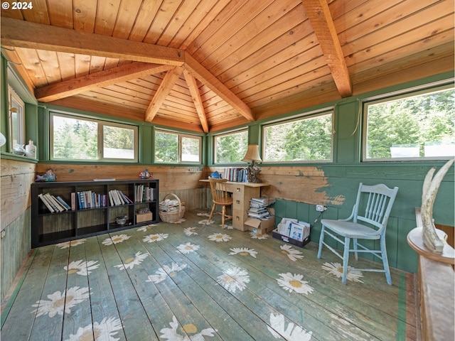 interior space featuring lofted ceiling with beams, hardwood / wood-style flooring, wooden ceiling, and wood walls