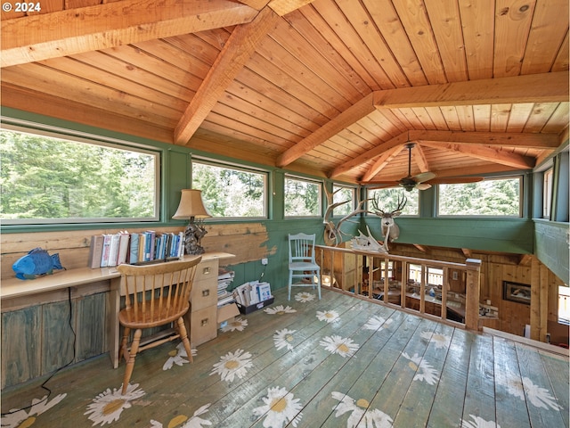 interior space with lofted ceiling with beams, wood walls, wooden ceiling, and wood-type flooring