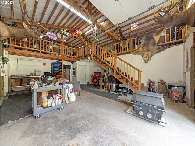 garage with a workshop area