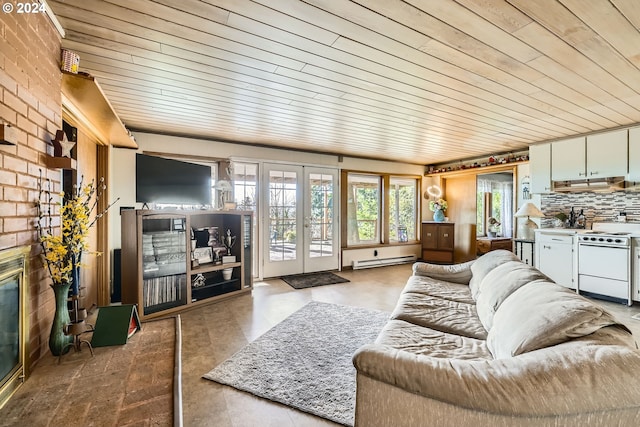 living room with a baseboard heating unit, brick wall, french doors, and wooden ceiling