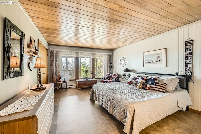 bedroom featuring ornamental molding, wood ceiling, and wood walls