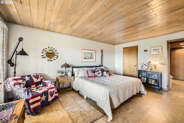 bedroom with wood ceiling and crown molding