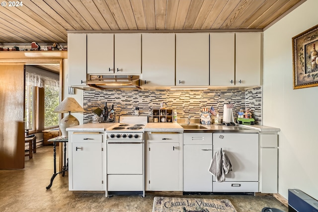 kitchen featuring white electric range, white cabinetry, wood ceiling, and ventilation hood