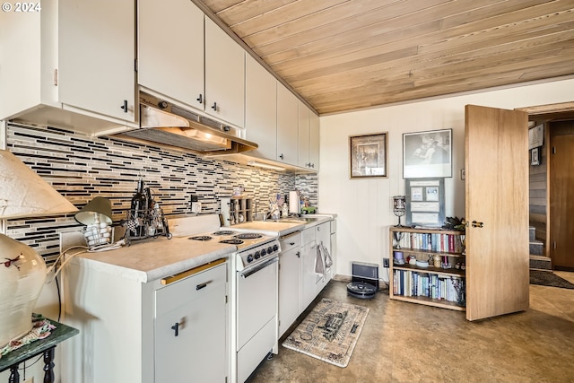 kitchen with white cabinets, wooden ceiling, and white range with electric stovetop