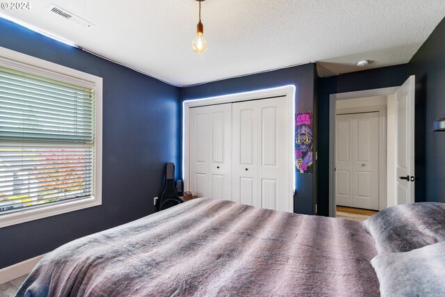 bedroom featuring wood-type flooring, a textured ceiling, and a closet