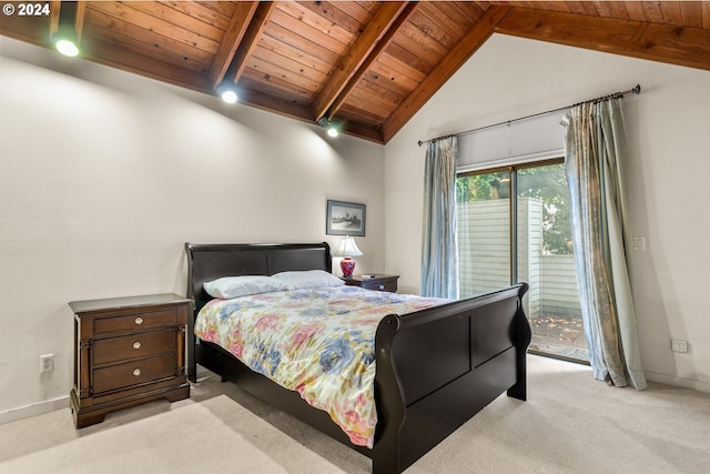 carpeted bedroom featuring wood ceiling, lofted ceiling with beams, and access to exterior