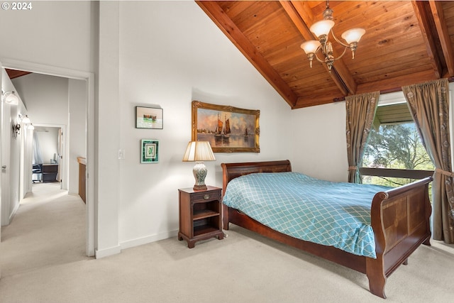 carpeted bedroom with high vaulted ceiling, wooden ceiling, beam ceiling, and a chandelier