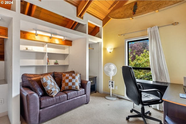 office area with wood ceiling, vaulted ceiling with beams, track lighting, and carpet flooring