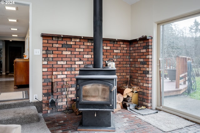 interior details with a wood stove