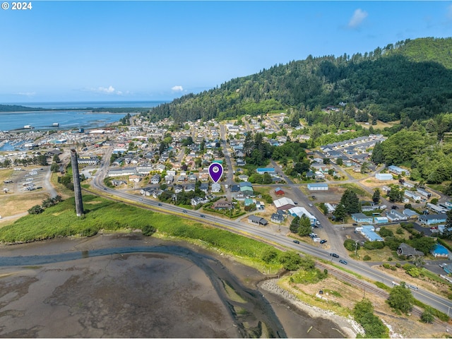 drone / aerial view with a water and mountain view