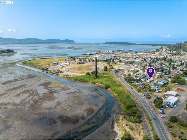 bird's eye view featuring a water and mountain view