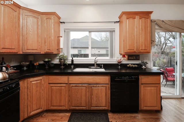 kitchen with sink, hardwood / wood-style flooring, and black appliances