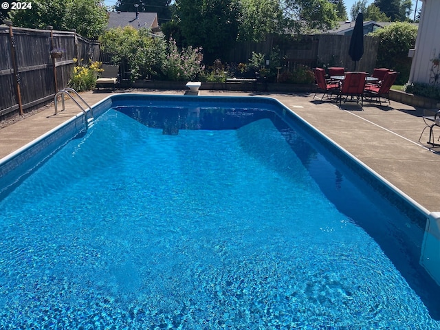 view of swimming pool with a diving board and a patio