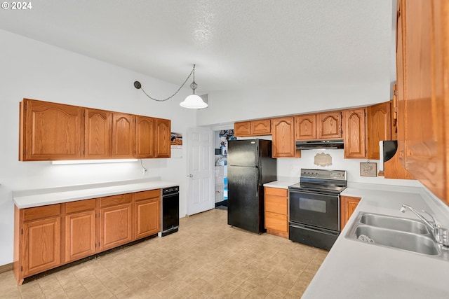 kitchen featuring sink, decorative light fixtures, high vaulted ceiling, and black appliances