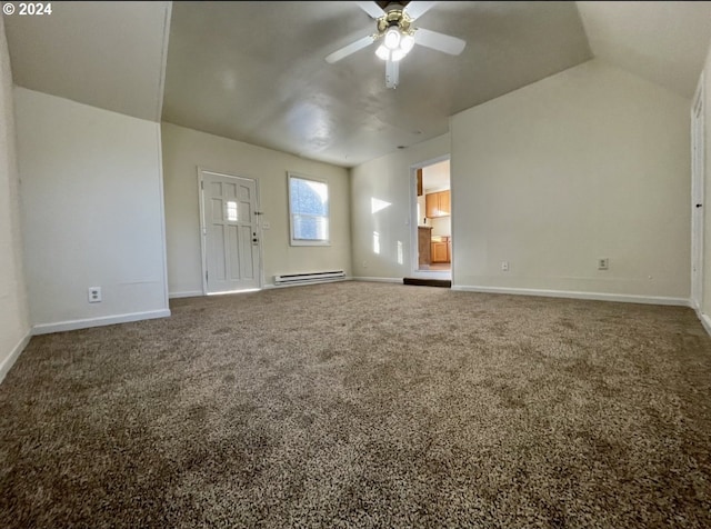 unfurnished living room with carpet, vaulted ceiling, ceiling fan, and a baseboard heating unit