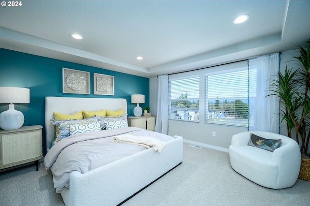 carpeted bedroom with a raised ceiling