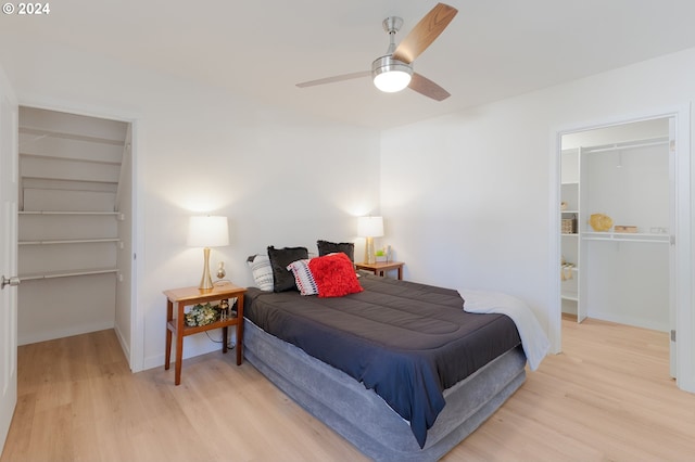 bedroom with light hardwood / wood-style flooring, ceiling fan, and a walk in closet