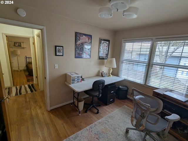 office with ceiling fan and wood-type flooring