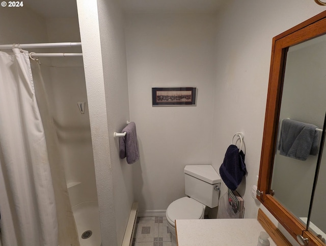 bathroom featuring a shower with shower curtain, vanity, toilet, and baseboard heating