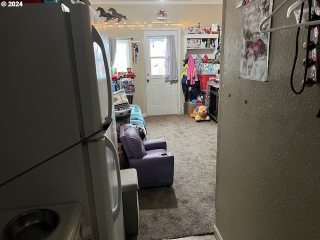 interior space featuring white refrigerator and carpet