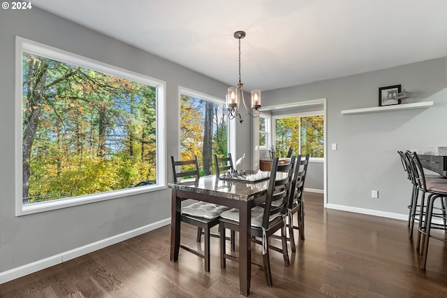 dining area featuring a chandelier, dark hardwood / wood-style flooring, and a healthy amount of sunlight