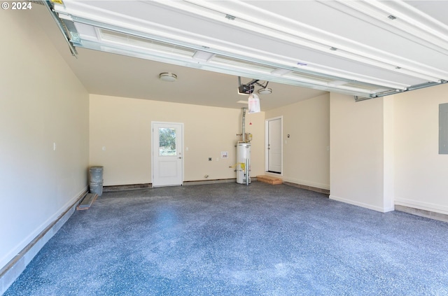 garage with electric panel, gas water heater, and a garage door opener