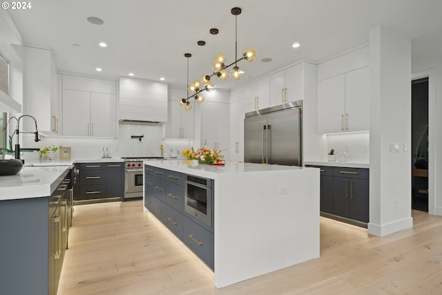 kitchen with light wood-type flooring, high end appliances, a center island, and white cabinets