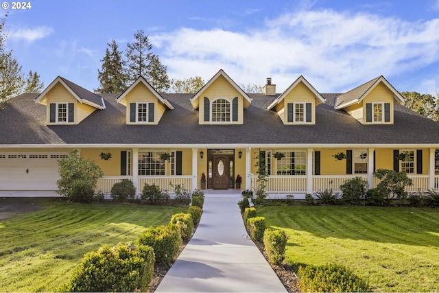 cape cod-style house featuring a front yard, a porch, and a garage