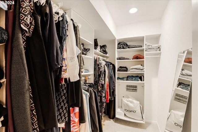 spacious closet featuring light carpet