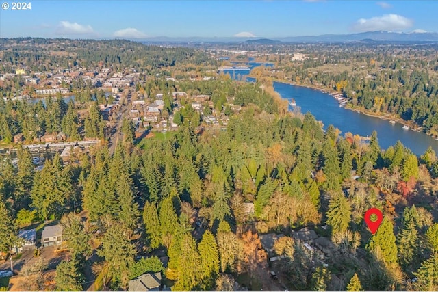 bird's eye view with a water and mountain view