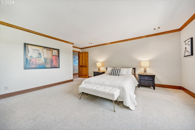 carpeted bedroom with crown molding