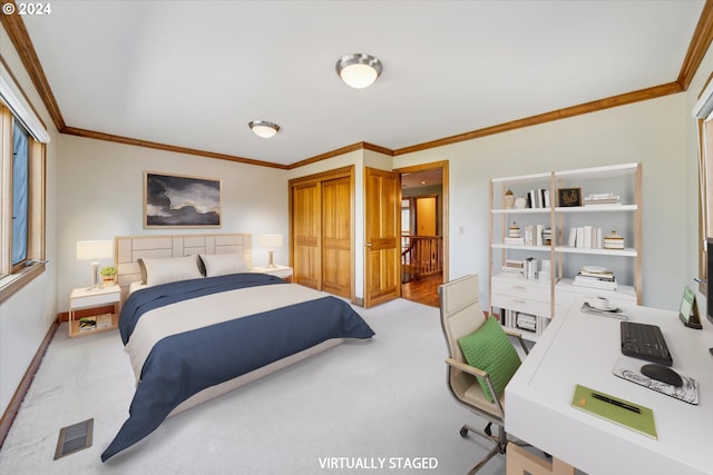 carpeted bedroom with crown molding