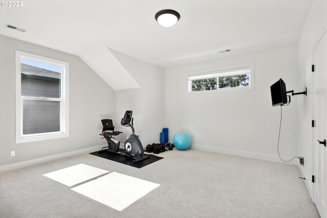 exercise area featuring light colored carpet