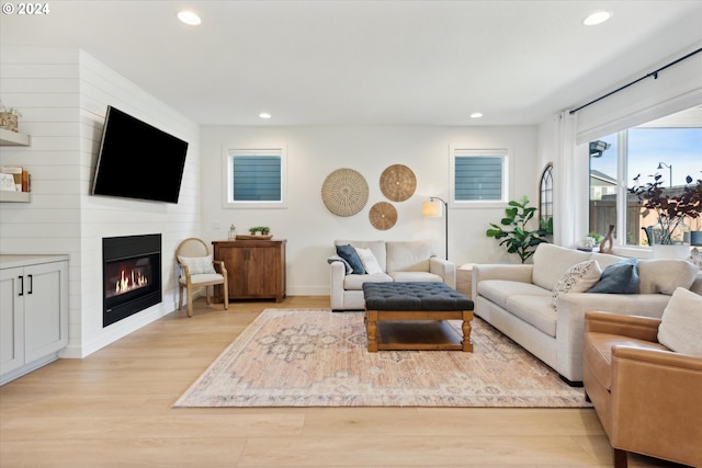 living room featuring light hardwood / wood-style floors and a fireplace