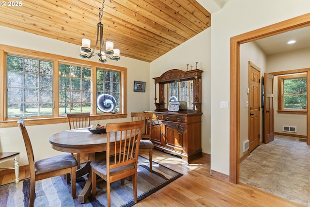 dining room with visible vents, wood ceiling, light wood-type flooring, and vaulted ceiling