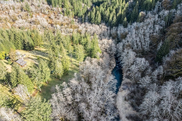 bird's eye view with a wooded view