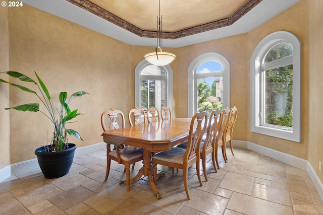 dining area with a healthy amount of sunlight, light tile floors, and a tray ceiling