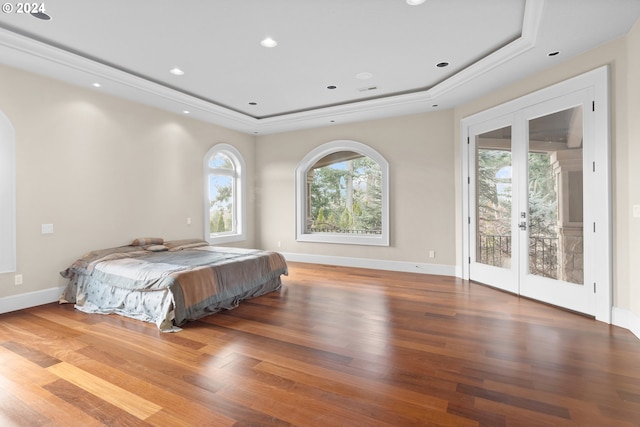 bedroom featuring french doors, access to outside, a raised ceiling, and multiple windows