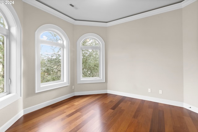 unfurnished room featuring a wealth of natural light, crown molding, and dark wood-type flooring