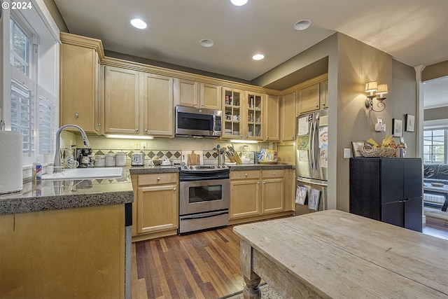 kitchen featuring dark wood-type flooring, stainless steel appliances, light brown cabinetry, sink, and tasteful backsplash