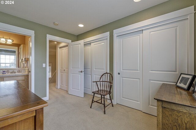 sitting room featuring sink and light carpet