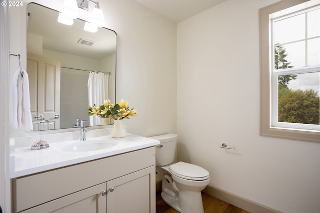 bathroom with wood-type flooring, vanity, and toilet