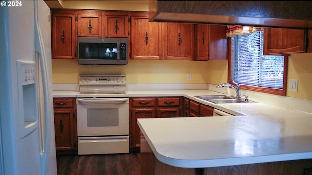 kitchen featuring kitchen peninsula, sink, dark hardwood / wood-style floors, and appliances with stainless steel finishes