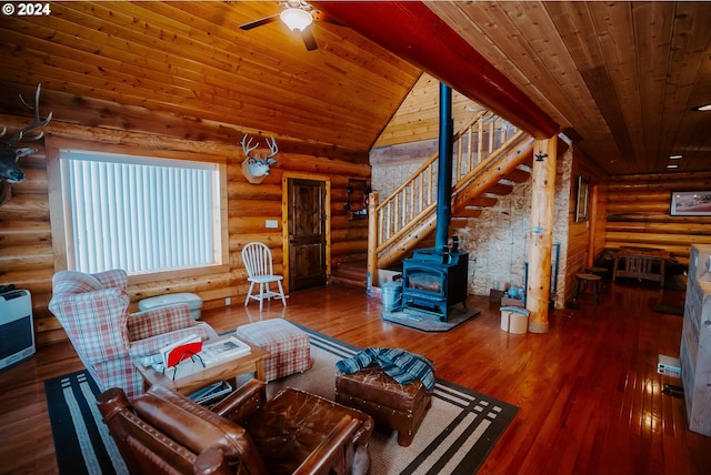 59125 N Rainbow Rd, Christmas Valley, OR 97641 - living room featuring a ceiling fan, log walls, wood ceiling, a wood stove, and hardwood / wood-style floors