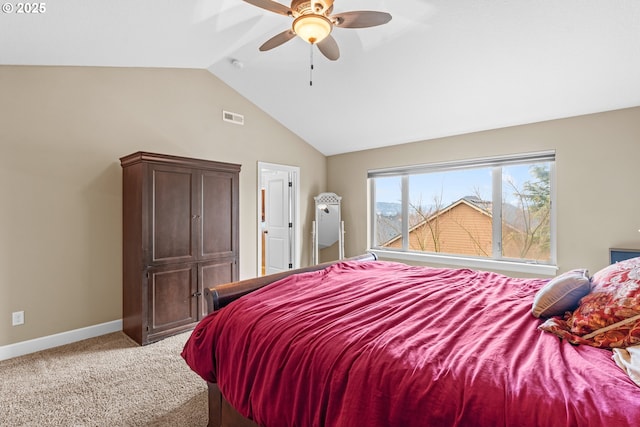 bedroom featuring ceiling fan, carpet flooring, and vaulted ceiling