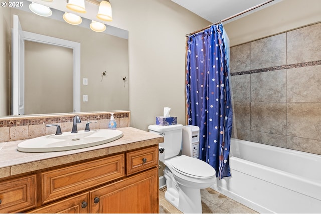 full bathroom featuring vanity, tile patterned floors, shower / bath combination with curtain, and toilet